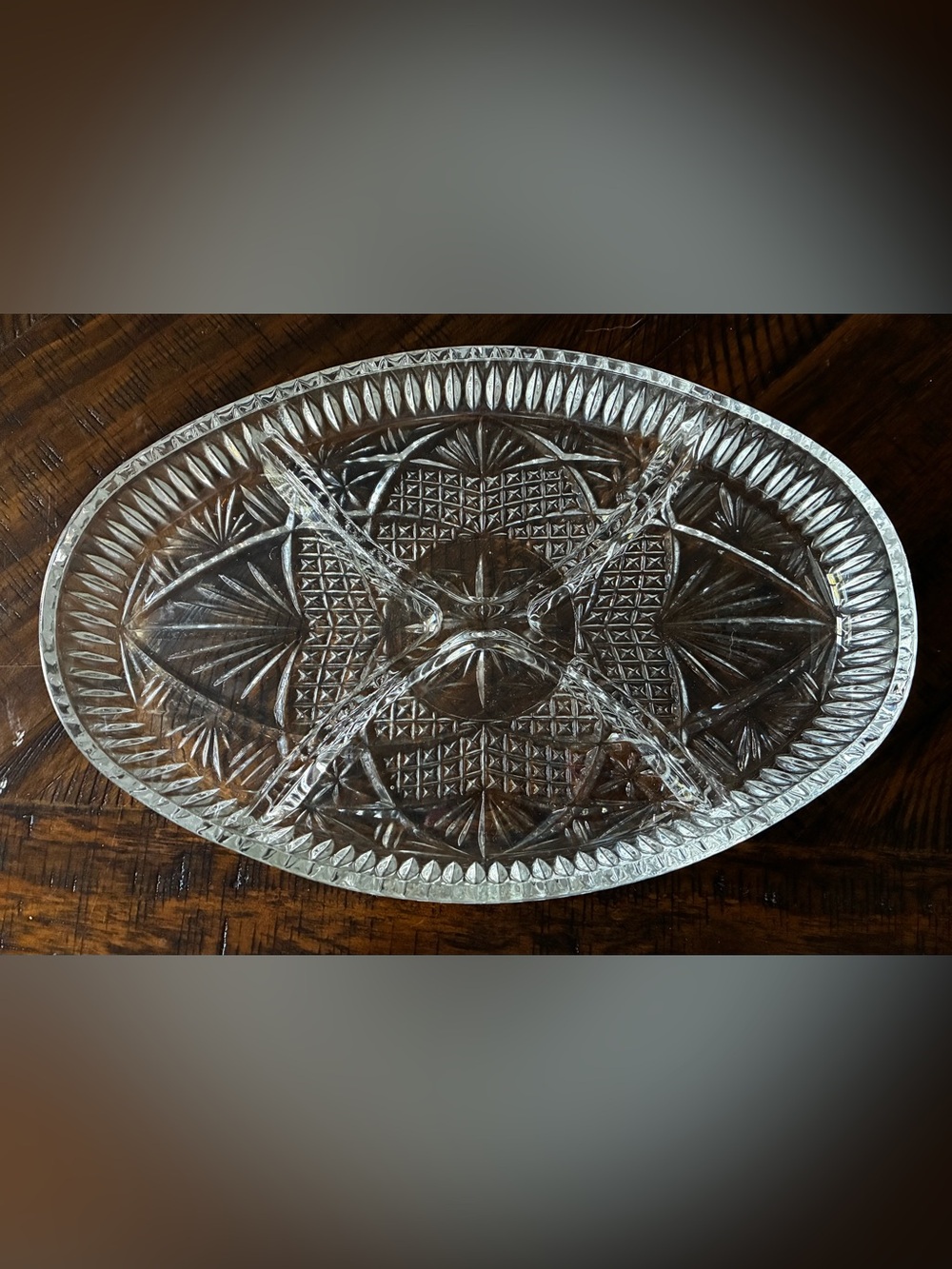 Clear Cut Glass Divided Serving Dish - Elegant Oval Platter